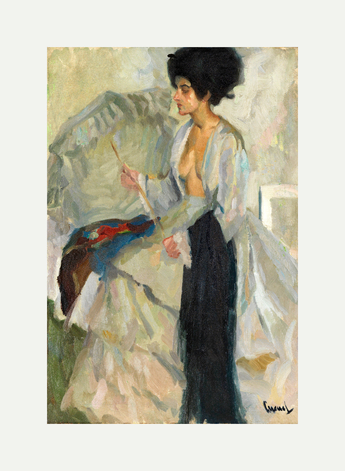 Edward Cucuel Print, Woman in the studio (1915) with an off-white border for rolled canvas