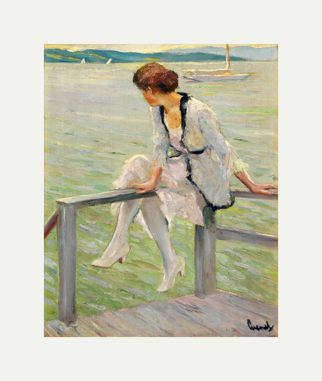 Edward Cucuel Print, Young woman at Lake Starnberg (1915-1920) with an off-white border for rolled canvas