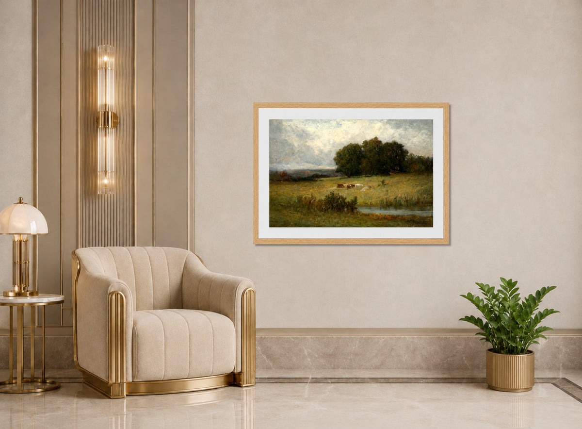 Edward Mitchell Bannister Print, Bright Scene of Cattle near Stream — art deco roomset