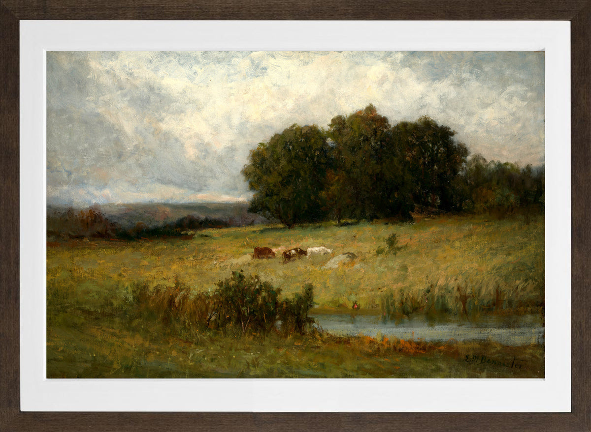 Edward Mitchell Bannister Print, Bright Scene of Cattle near Stream — brown frame