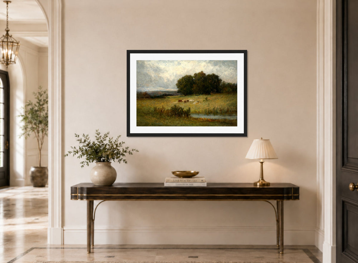 Edward Mitchell Bannister Print, Bright Scene of Cattle near Stream — hallway
