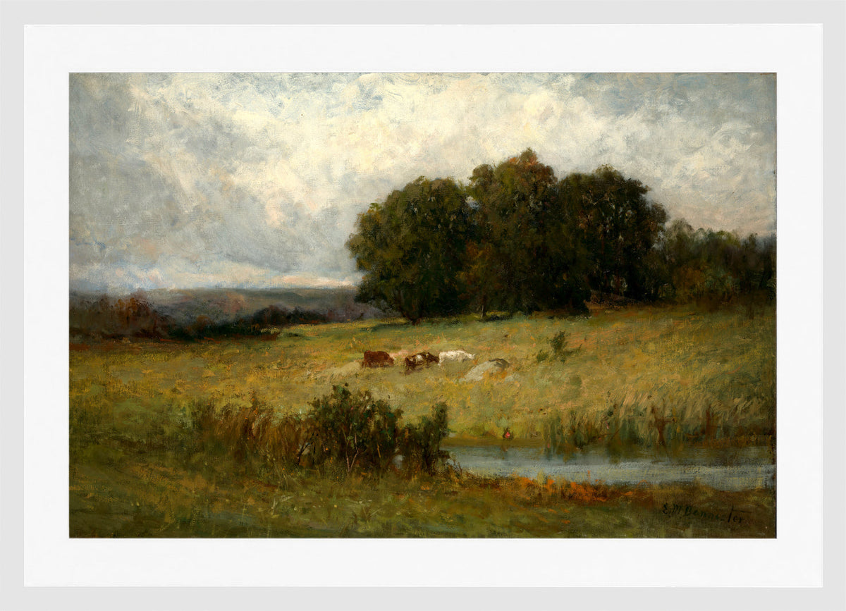 Edward Mitchell Bannister Print, Bright Scene of Cattle near Stream — white frame