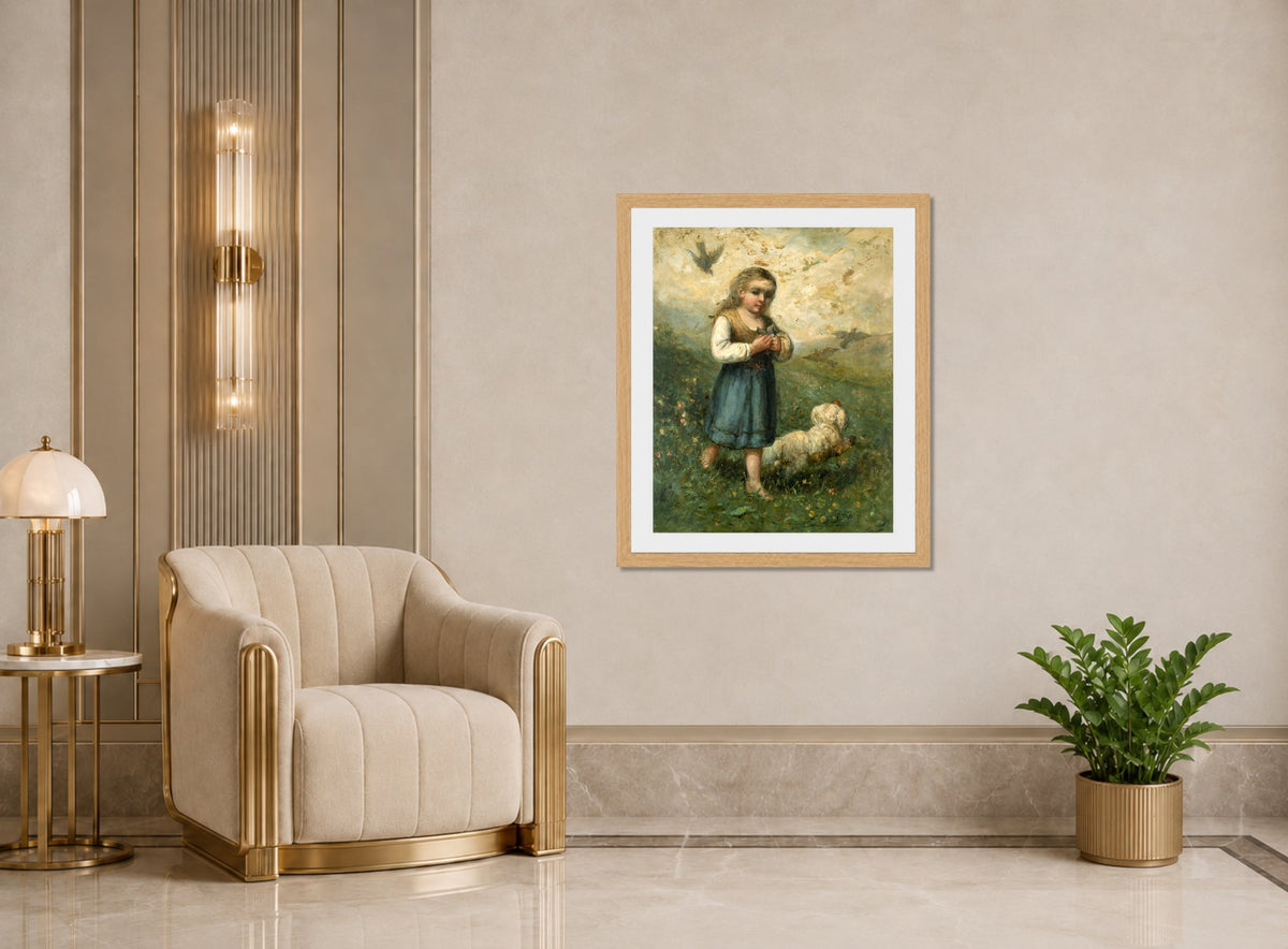 Edward Mitchell Bannister Print, Child with Birds and Dog (1882) — art deco roomset