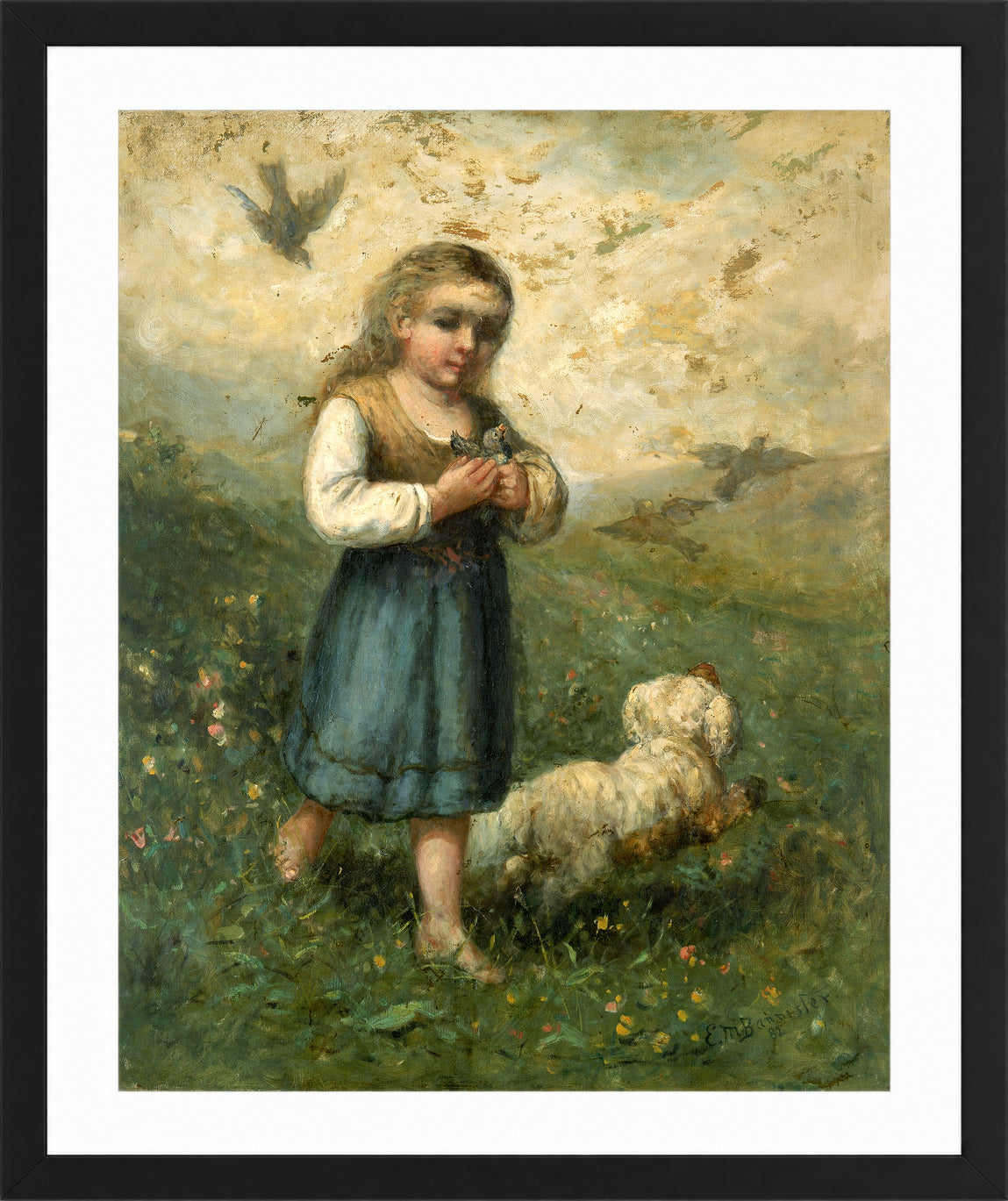 Edward Mitchell Bannister Print, Child with Birds and Dog (1882) — black frame