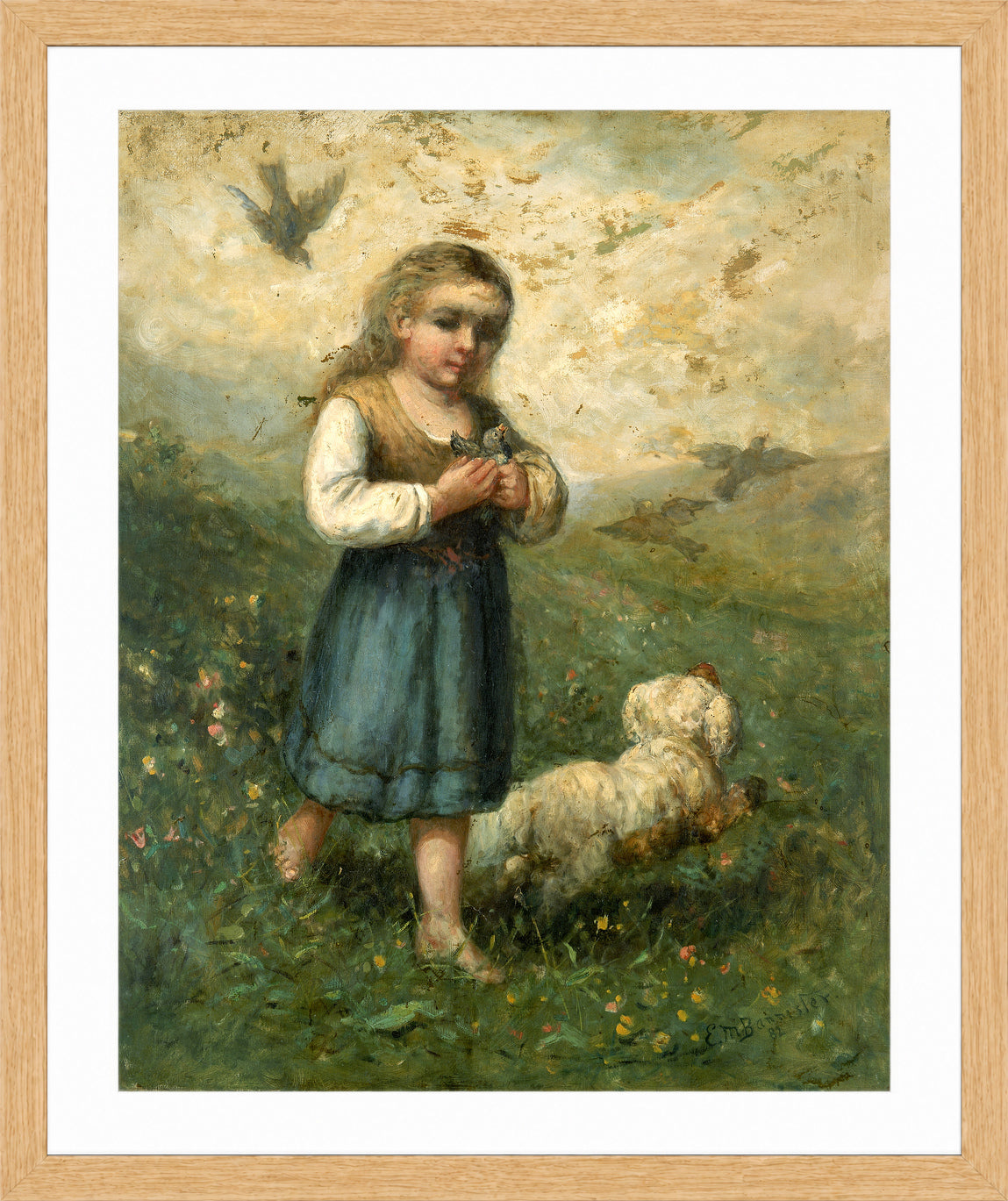 Edward Mitchell Bannister Print, Child with Birds and Dog (1882) — oak frame