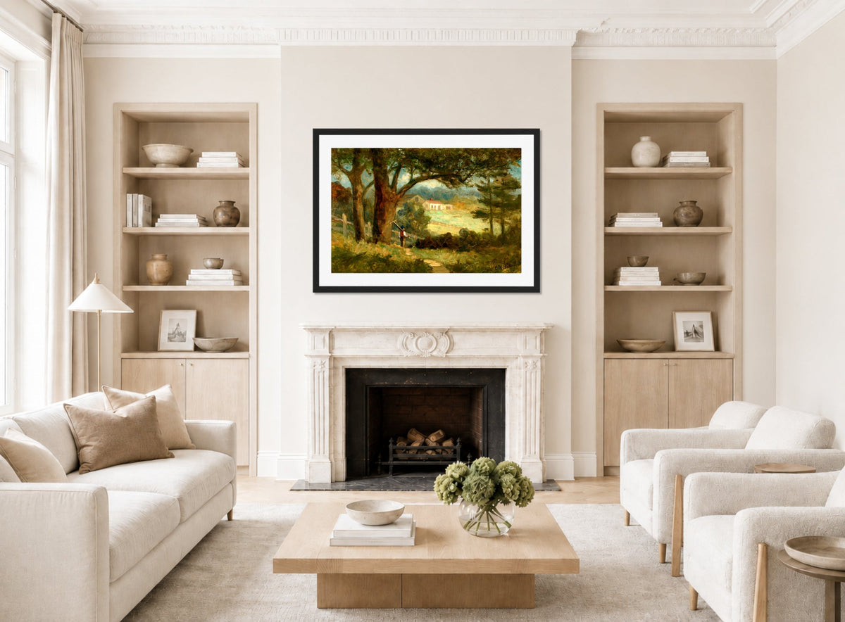 Edward Mitchell Bannister Print, Homeward (1895) — living room roomset