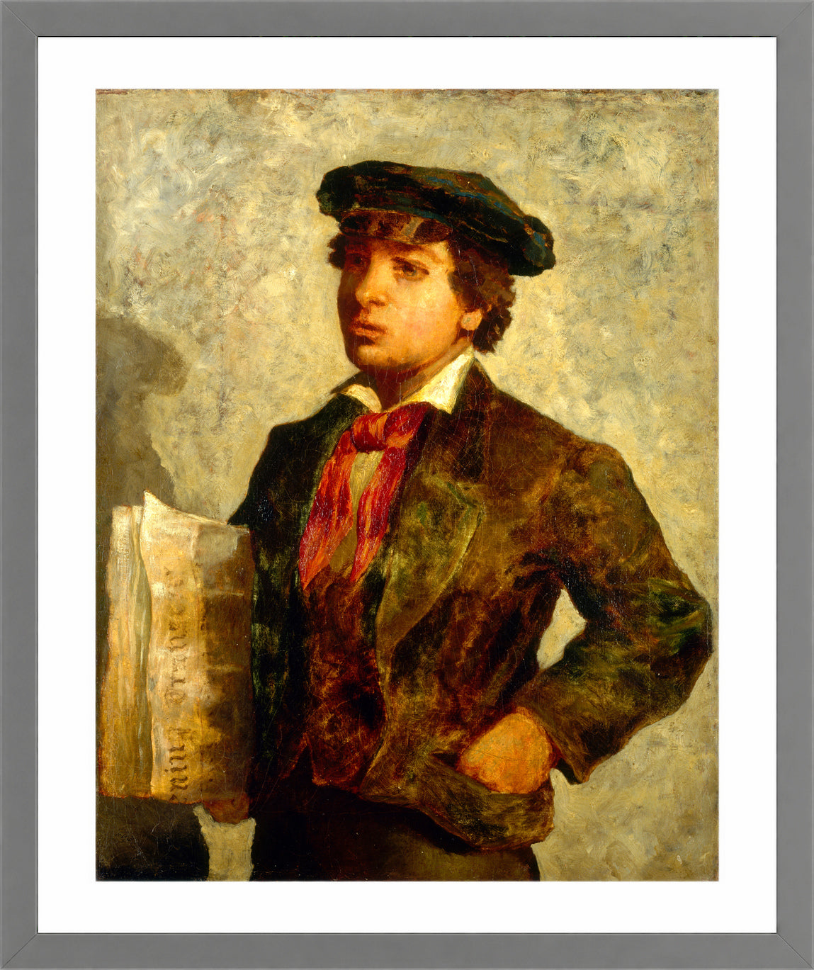 Edward Mitchell Bannister Print, Newspaper Boy (1869) — light grey frame