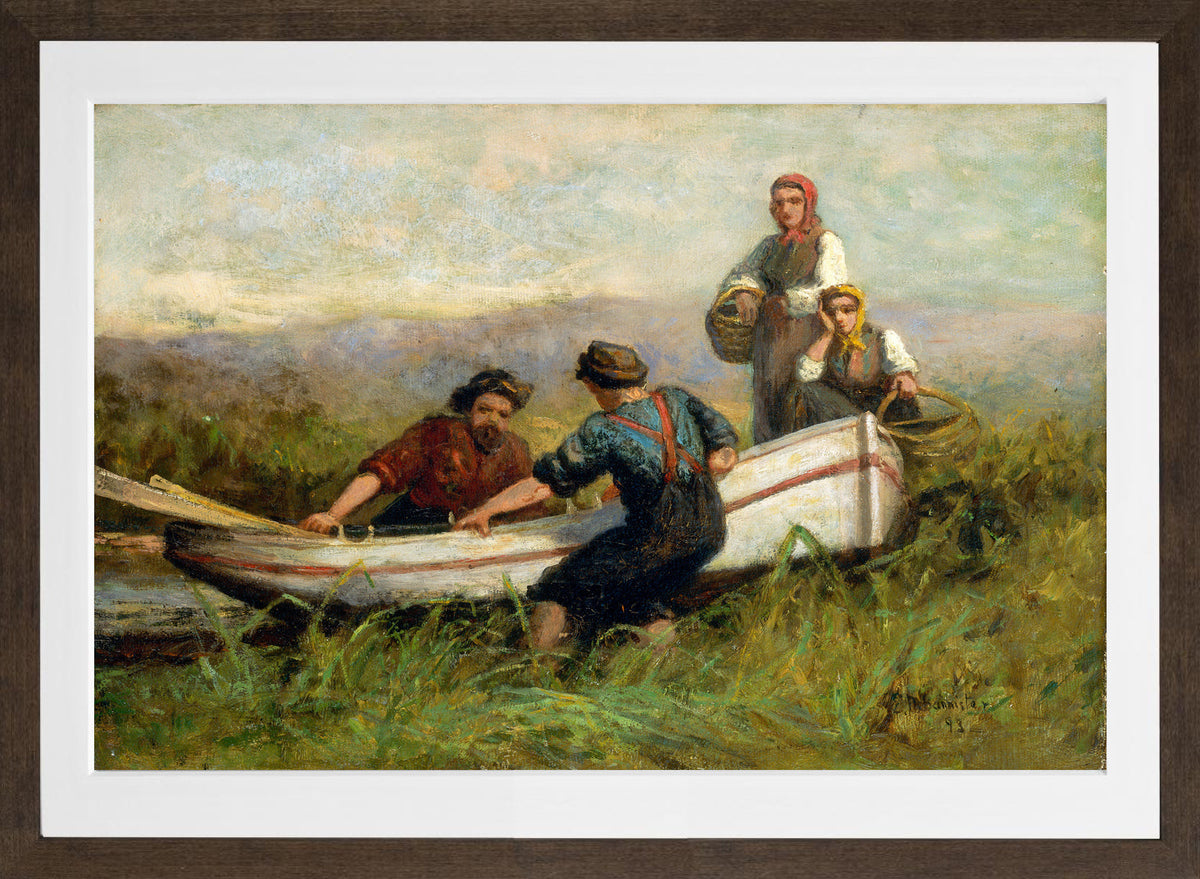 Edward Mitchell Bannister Print, People Near Boat (1893) — brown frame