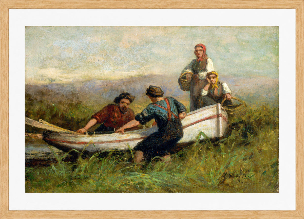 Edward Mitchell Bannister Print, People Near Boat (1893) — oak frame