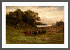 Edward Mitchell Bannister Print, Untitled (Five Cows by Trees and River) — dark grey frame