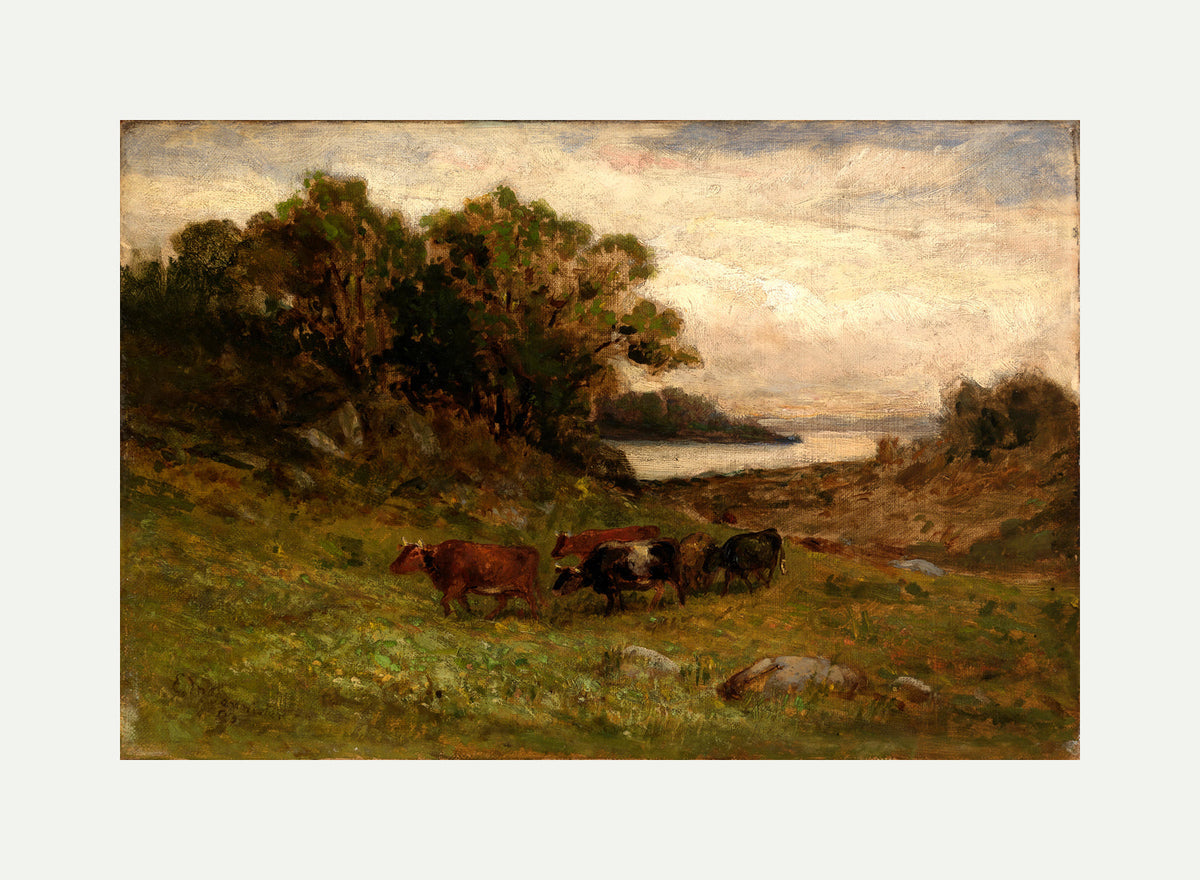 Edward Mitchell Bannister Print, Untitled (Five Cows by Trees and River) — rolled canvas