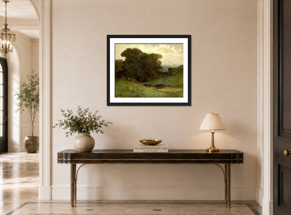Edward Mitchell Bannister Print, Untitled (Forest Bridge and Cows) (1897) — hallway