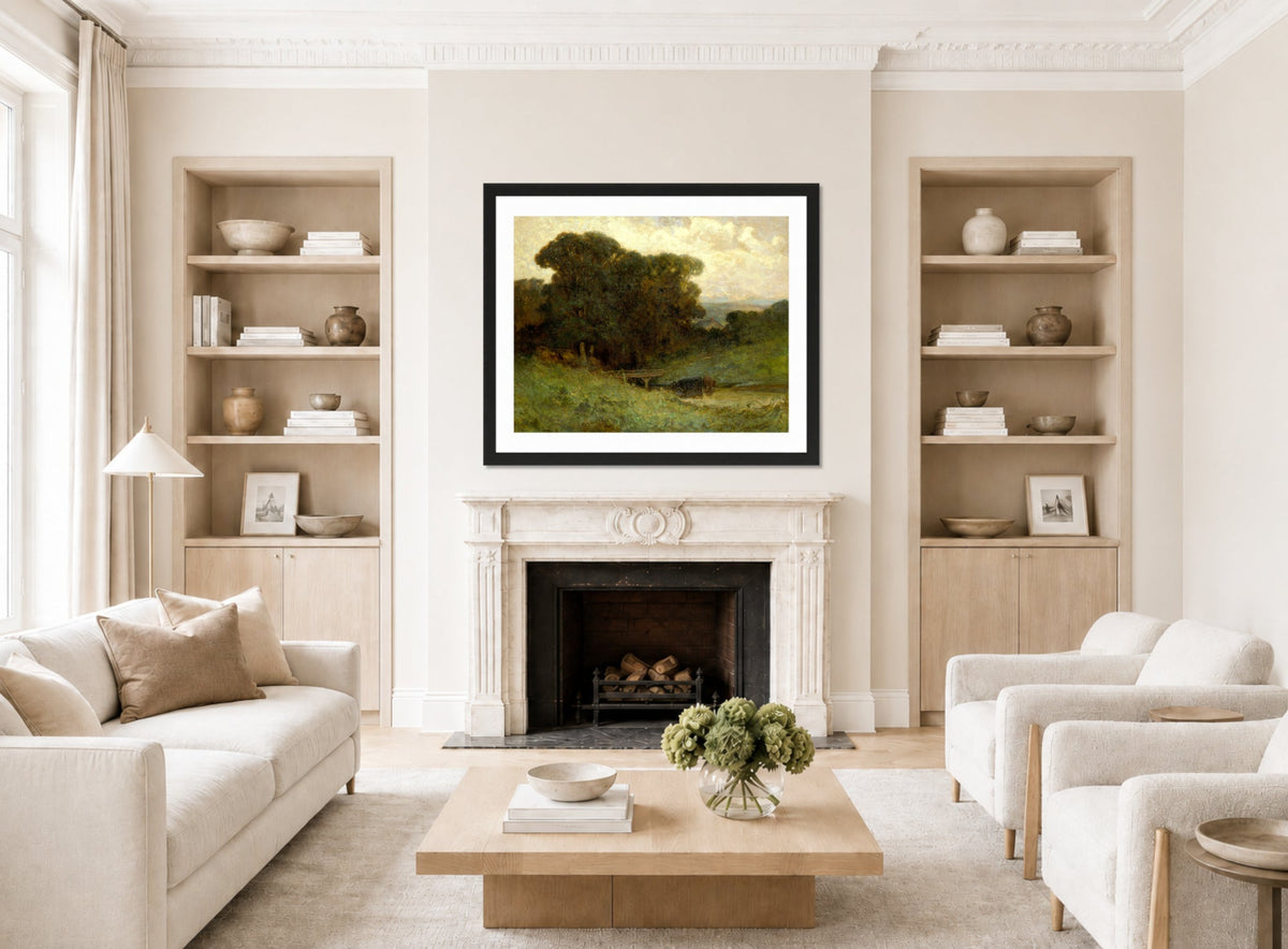 Edward Mitchell Bannister Print, Untitled (Forest Bridge and Cows) (1897) — living room roomset