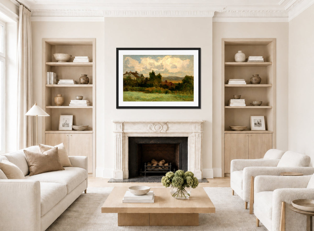 Edward Mitchell Bannister Print, Untitled (Houses and Trees) (1898) — living room roomset
