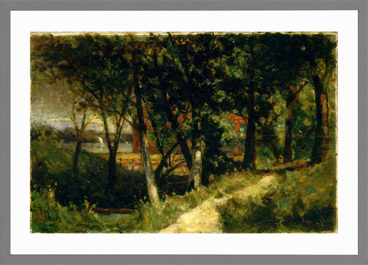 Edward Mitchell Bannister Print, Untitled (Forest with Red Fence and Building) (1893) — light grey frame
