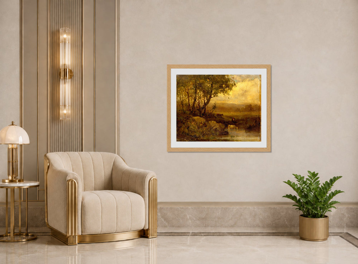 Edward Mitchell Bannister Print, Untitled (Riverbank with Three Cows) — art deco roomset