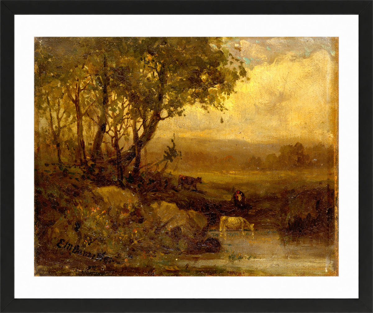 Edward Mitchell Bannister Print, Untitled (Riverbank with Three Cows) — black frame