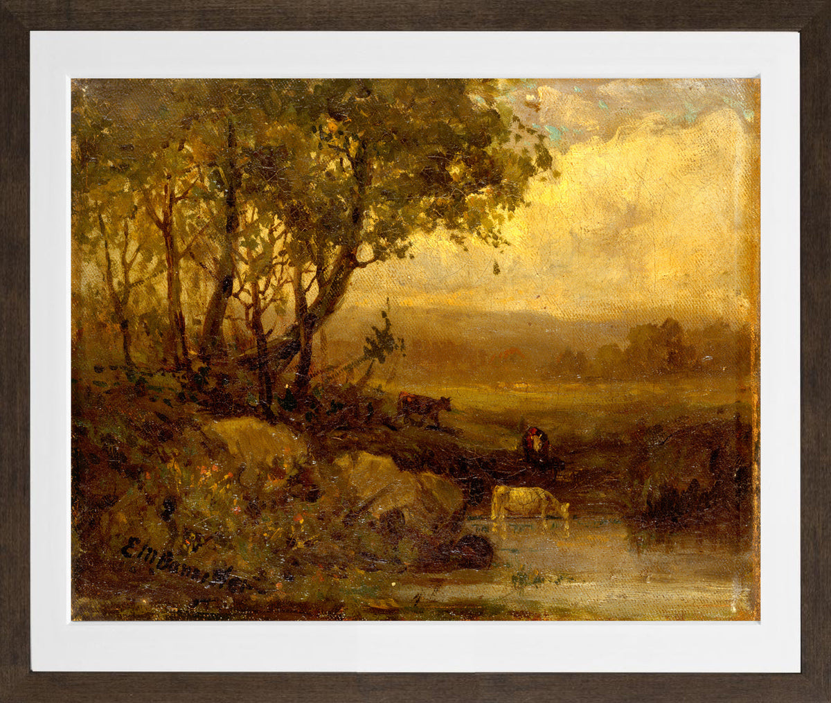 Edward Mitchell Bannister Print, Untitled (Riverbank with Three Cows) — brown frame