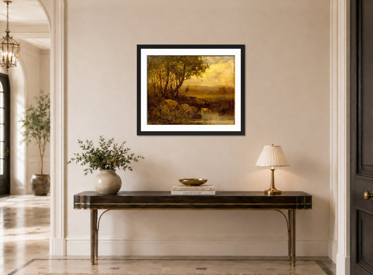 Edward Mitchell Bannister Print, Untitled (Riverbank with Three Cows) — hallway