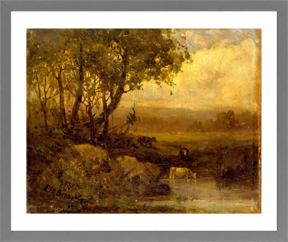Edward Mitchell Bannister Print, Untitled (Riverbank with Three Cows) — light grey frame