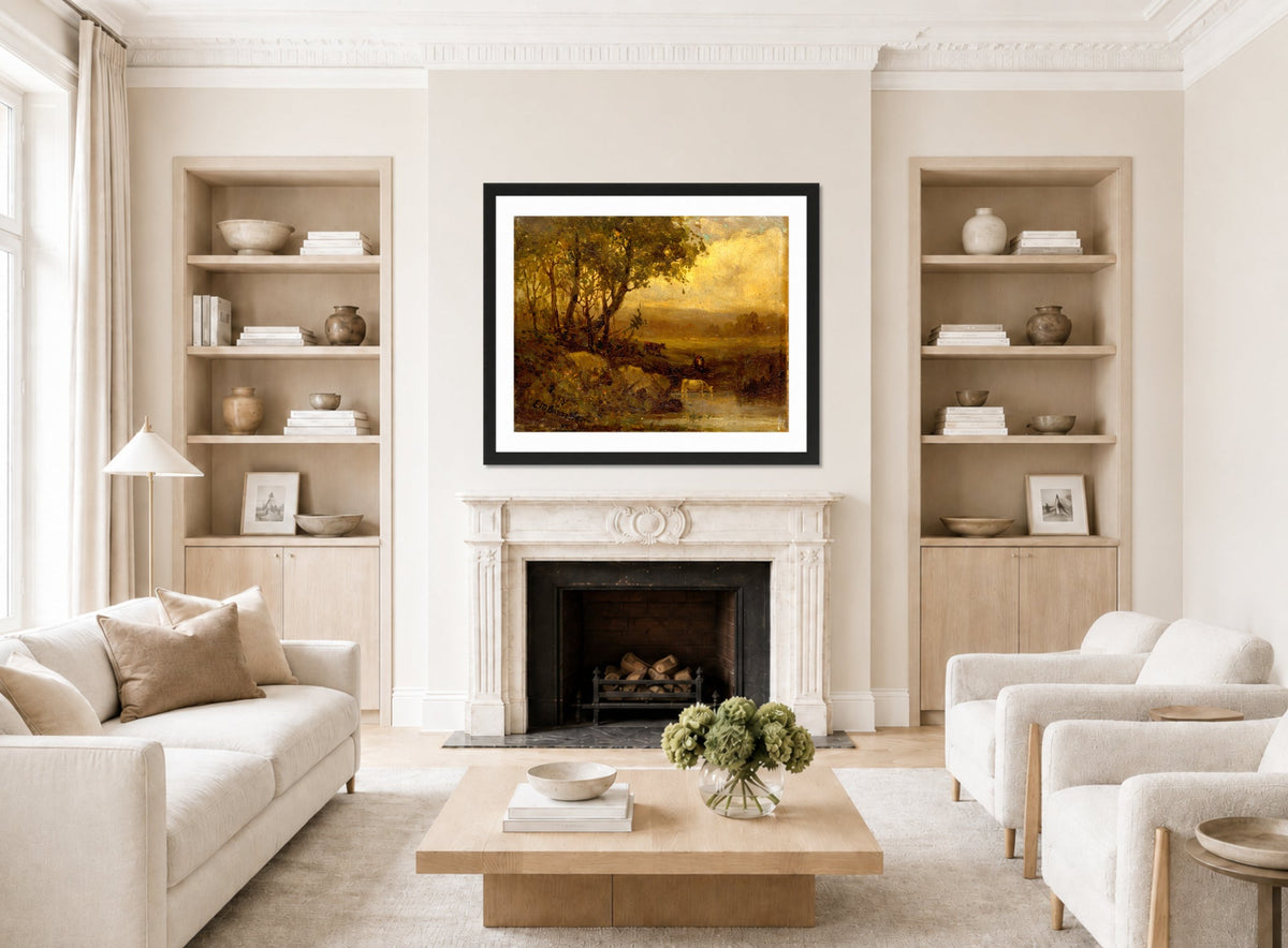 Edward Mitchell Bannister Print, Untitled (Riverbank with Three Cows) — living room roomset