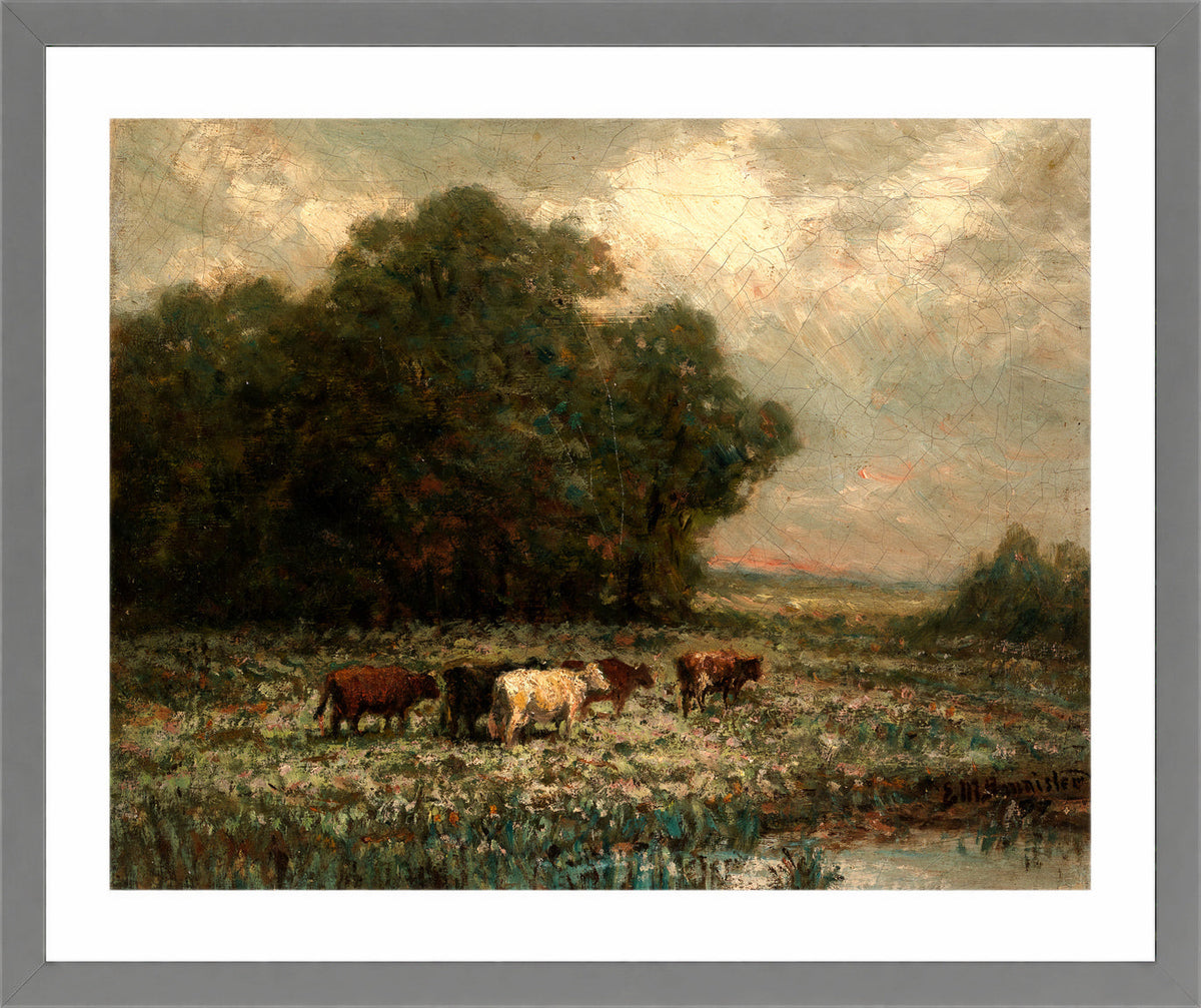Edward Mitchell Bannister Print, Untitled (Landscape with Cattle Grazing) (1897) — light grey frame