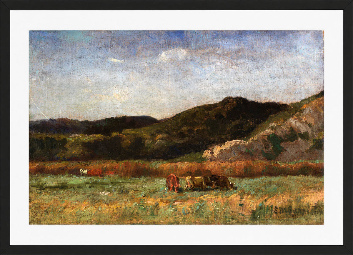 Edward Mitchell Bannister Print, Untitled (Cows Grazing beneath Hills) (1891) — black frame