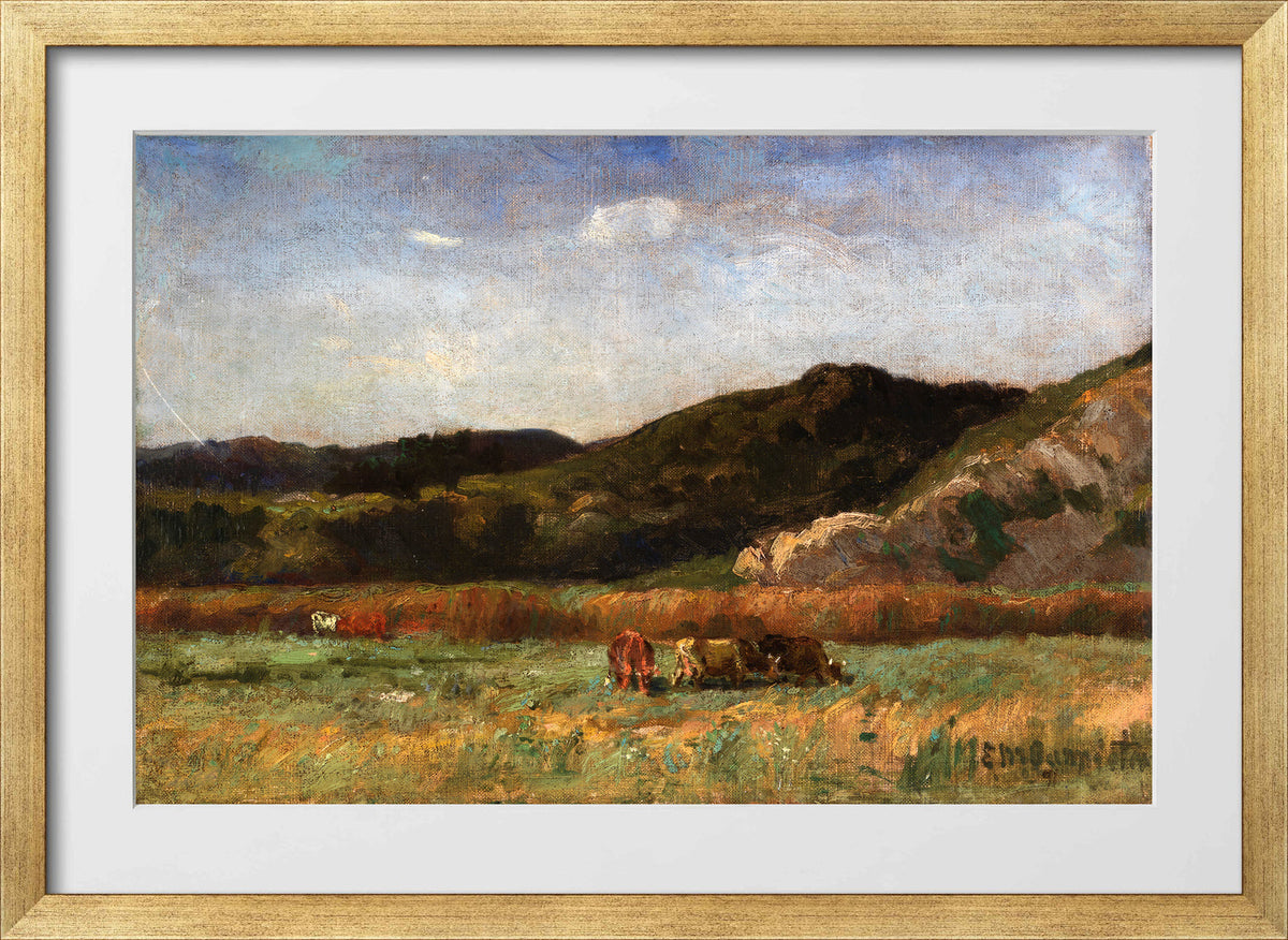 Edward Mitchell Bannister Print, Untitled (Cows Grazing beneath Hills) (1891) — gold frame