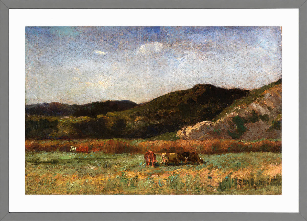 Edward Mitchell Bannister Print, Untitled (Cows Grazing beneath Hills) (1891) — light grey frame
