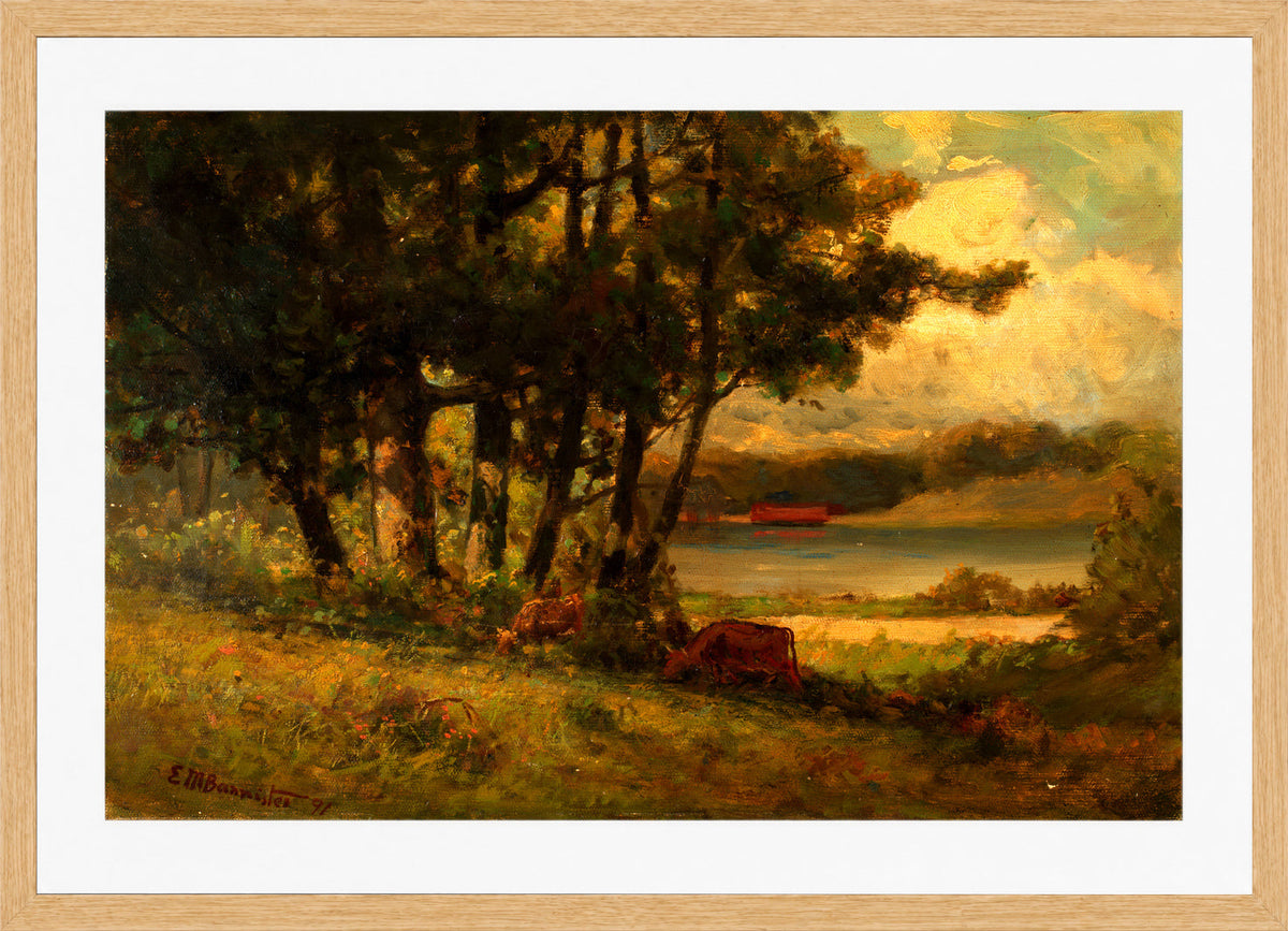 Edward Mitchell Bannister Print, Untitled (Cows Grazing near a River) — oak frame