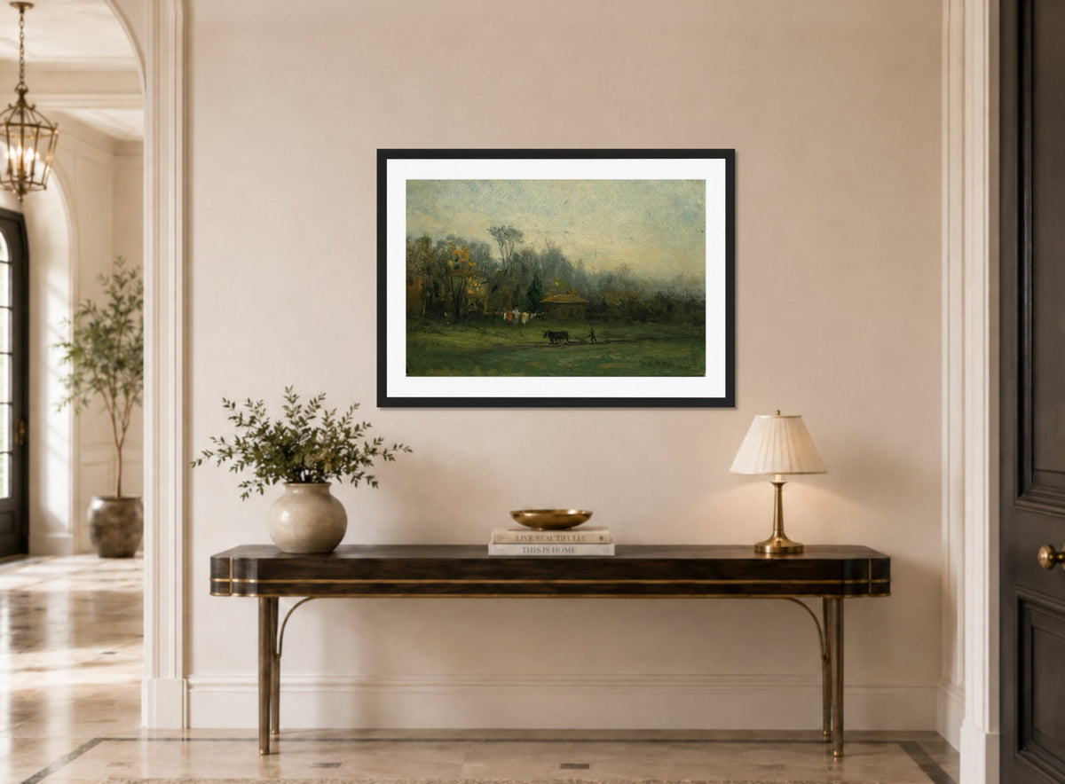 Edward Mitchell Bannister Print, Untitled (Man Ploughing Fields) — hallway
