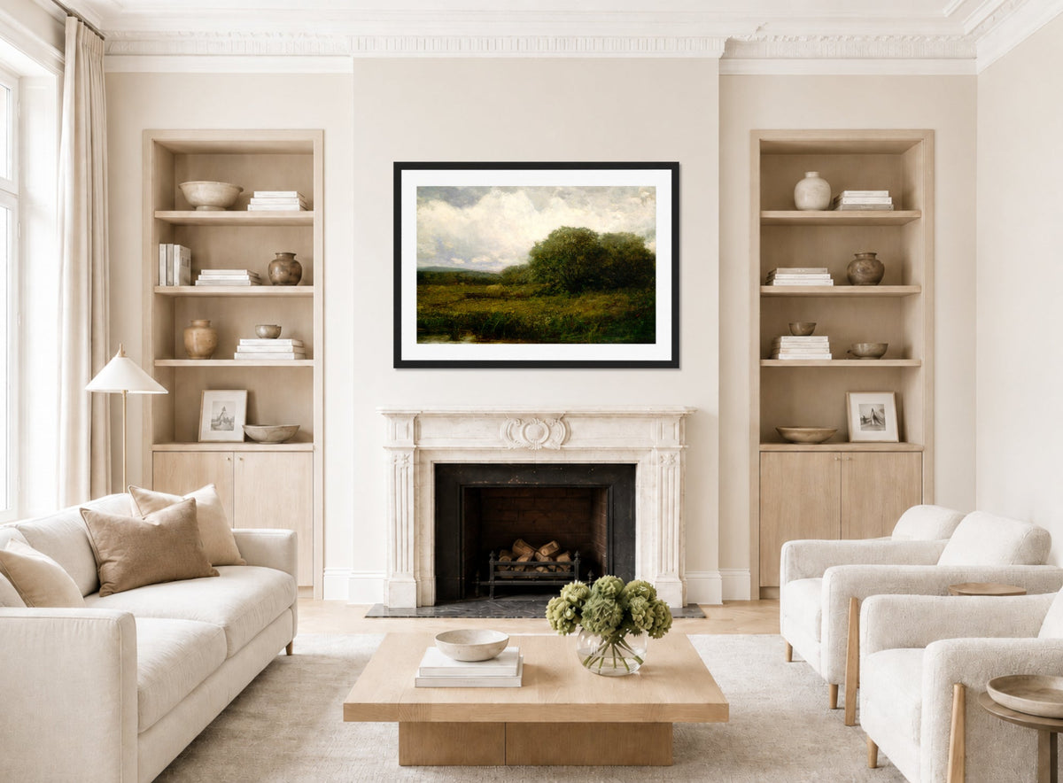 Edward Mitchell Bannister Print, Untitled (Oxen and Haycart Crossing a Bridge) — living room roomset