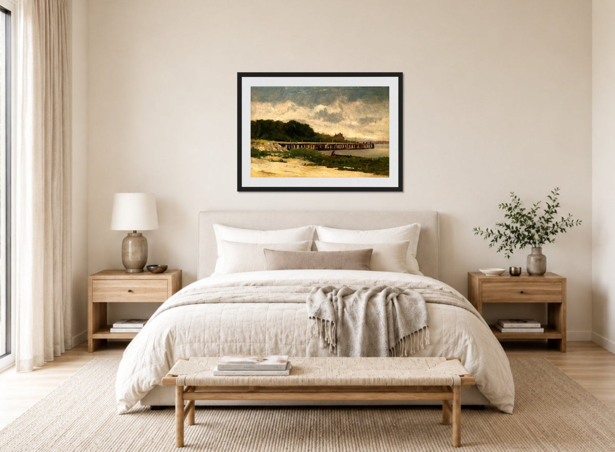 Edward Mitchell Bannister Print, Untitled (Landscape with a Pier) — bedroom