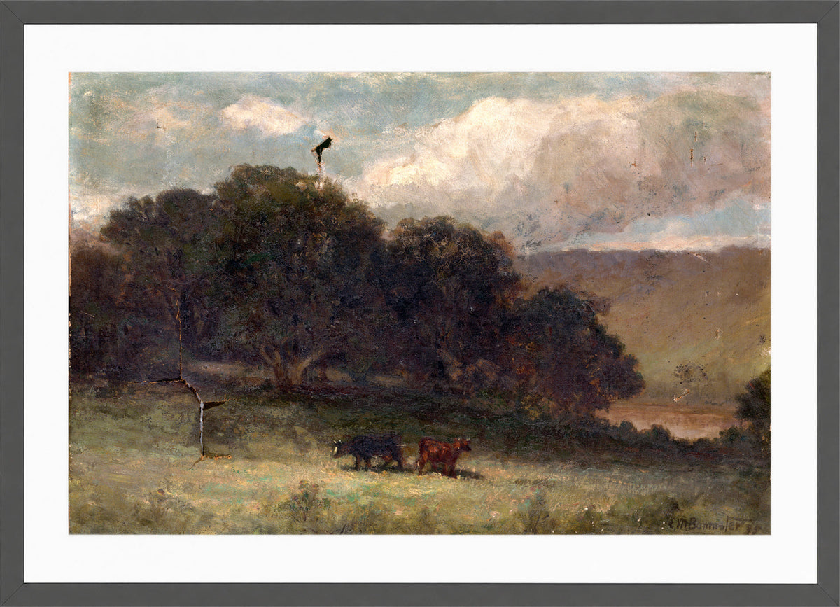 Edward Mitchell Bannister Print, Untitled (Trees and Two Cows in a Meadow) (1895) — dark grey frame