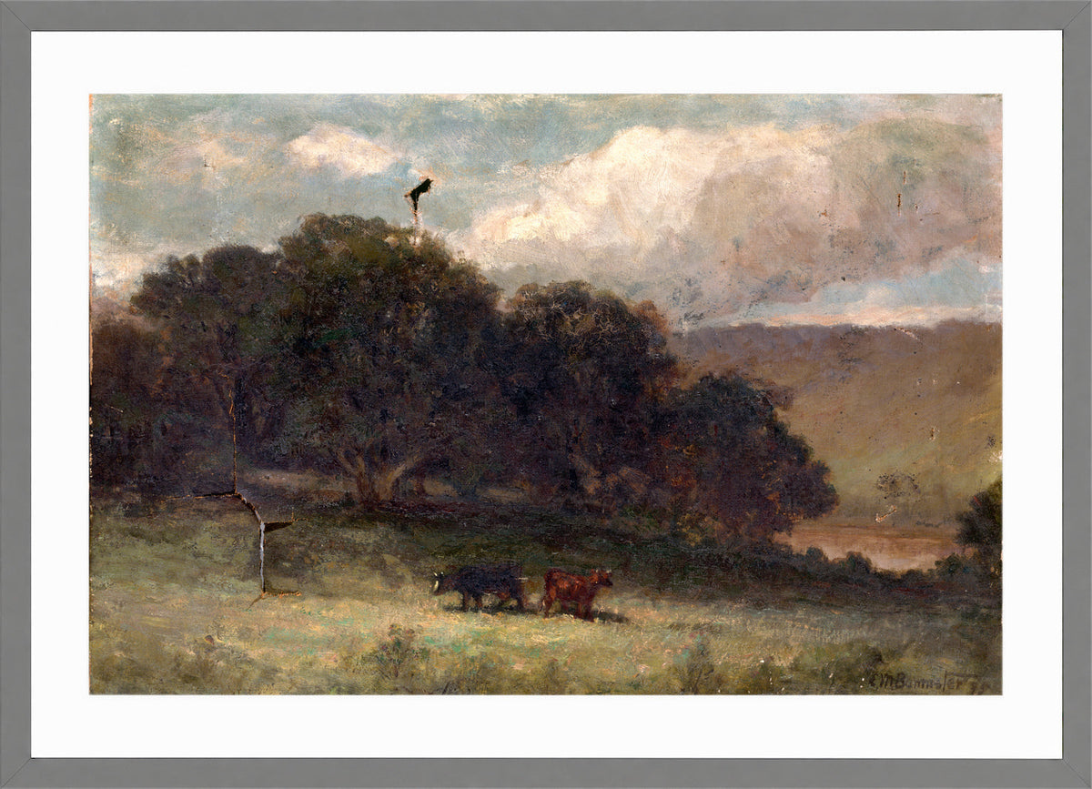 Edward Mitchell Bannister Print, Untitled (Trees and Two Cows in a Meadow) (1895) — light grey frame