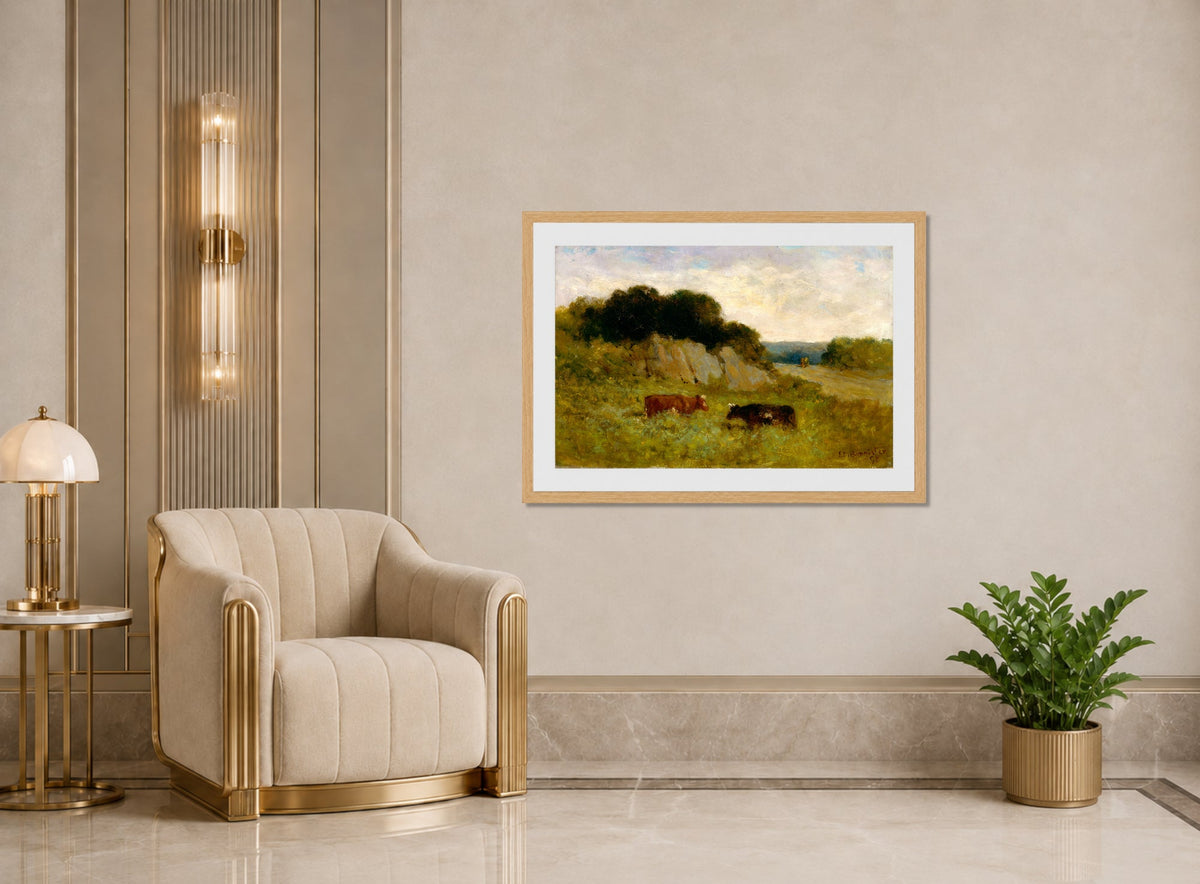 Edward Mitchell Bannister Print, Untitled (Landscape with Two Cows) (1898) — art deco roomset