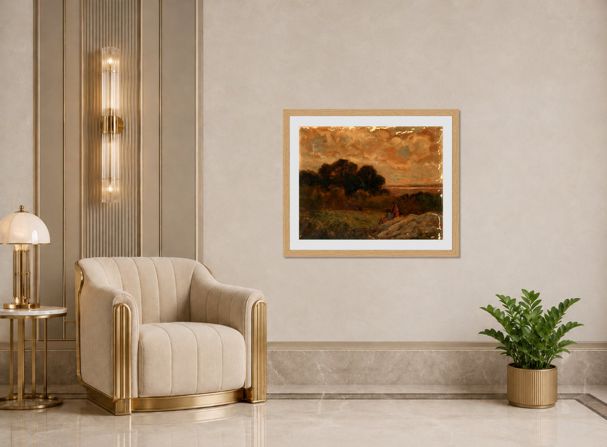 Edward Mitchell Bannister Print, Untitled (Two Women Reclining on Rocks) — art deco roomset