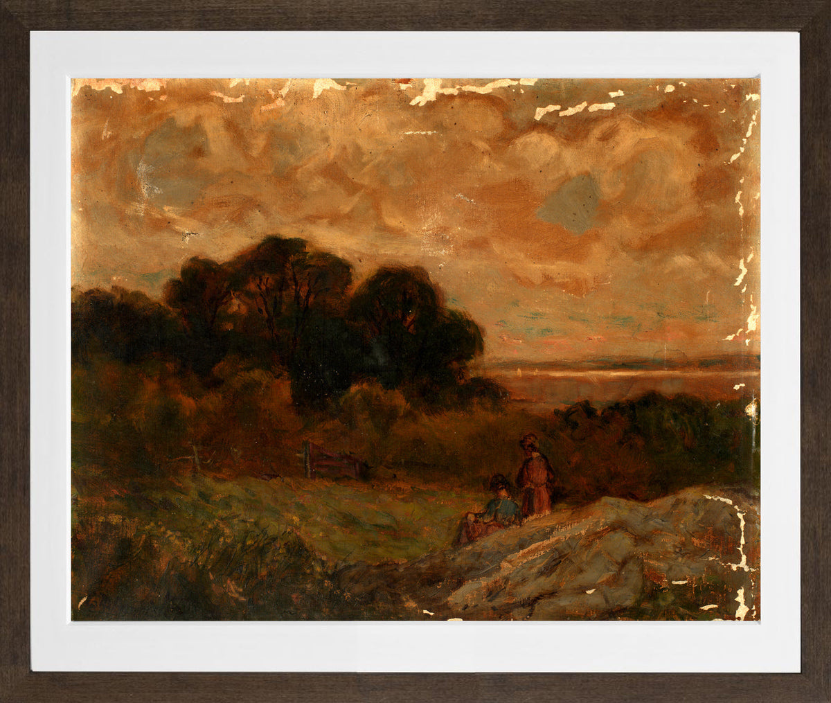 Edward Mitchell Bannister Print, Untitled (Two Women Reclining on Rocks) — brown frame