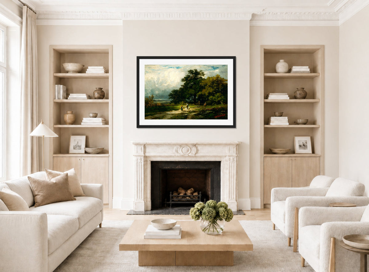 Edward Mitchell Bannister Print, Untitled (Rider, Woman and Dog) — living room roomset