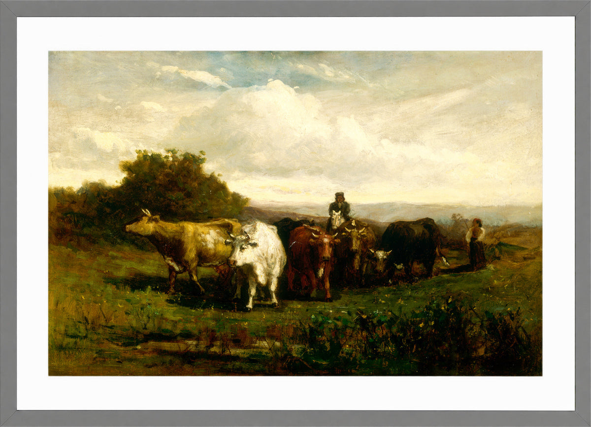 Edward Mitchell Bannister Print, Untitled (Rider and Woman Driving Cattle) (1880) — light grey frame