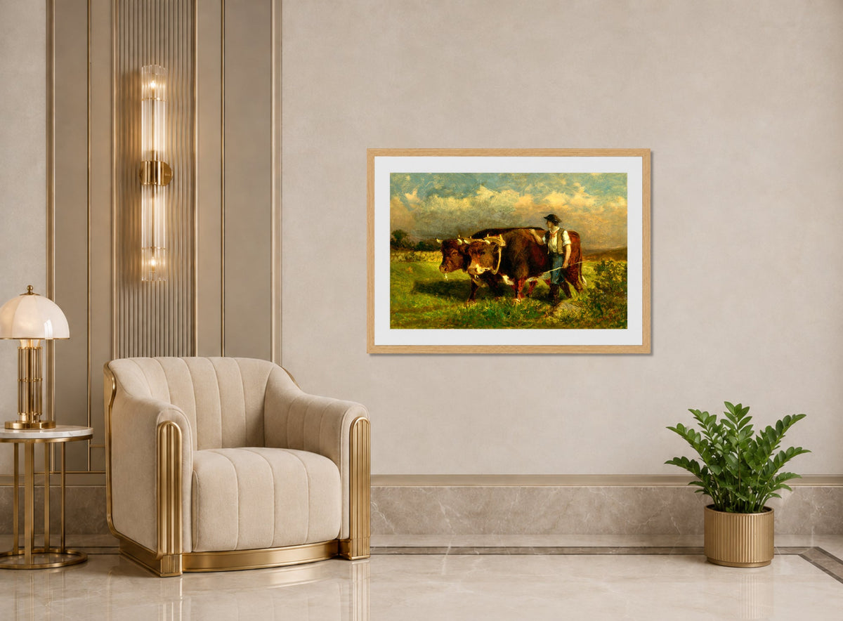 Edward Mitchell Bannister Print, Untitled (Man with Two Oxen) (1869) — art deco roomset