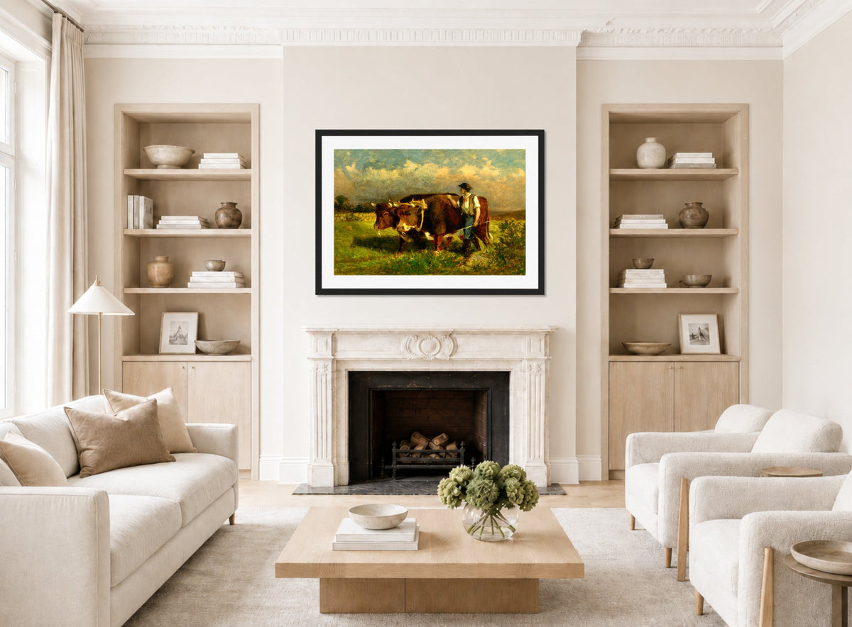 Edward Mitchell Bannister Print, Untitled (Man with Two Oxen) (1869) — living room roomset