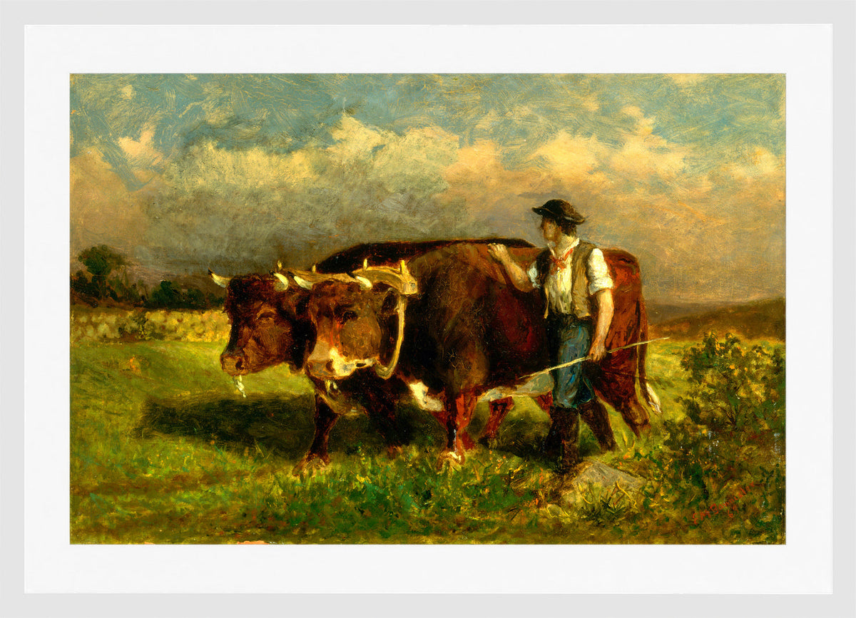 Edward Mitchell Bannister Print, Untitled (Man with Two Oxen) (1869) — white frame