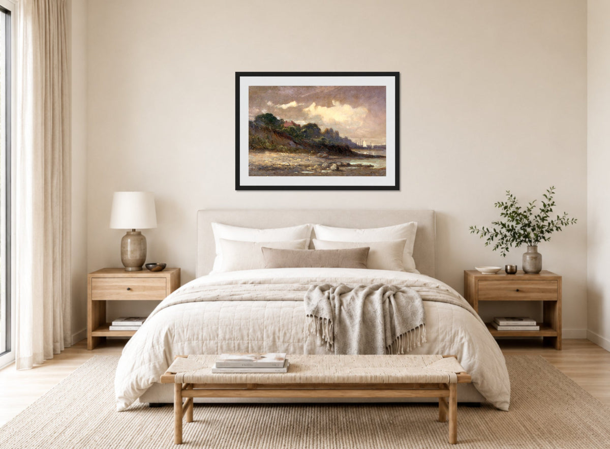 Edward Mitchell Bannister Print, Untitled (Shoreline with Sailboats and Roof) — bedroom