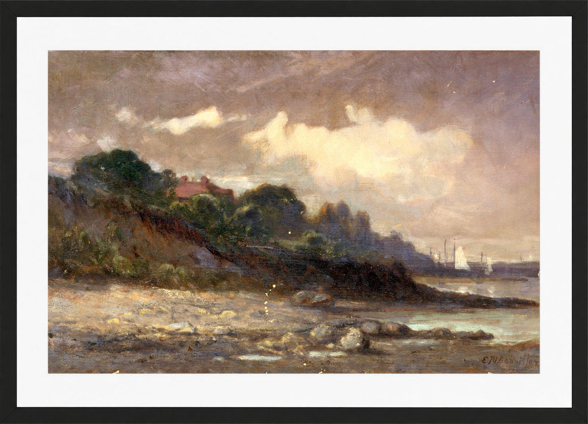 Edward Mitchell Bannister Print, Untitled (Shoreline with Sailboats and Roof) — black frame
