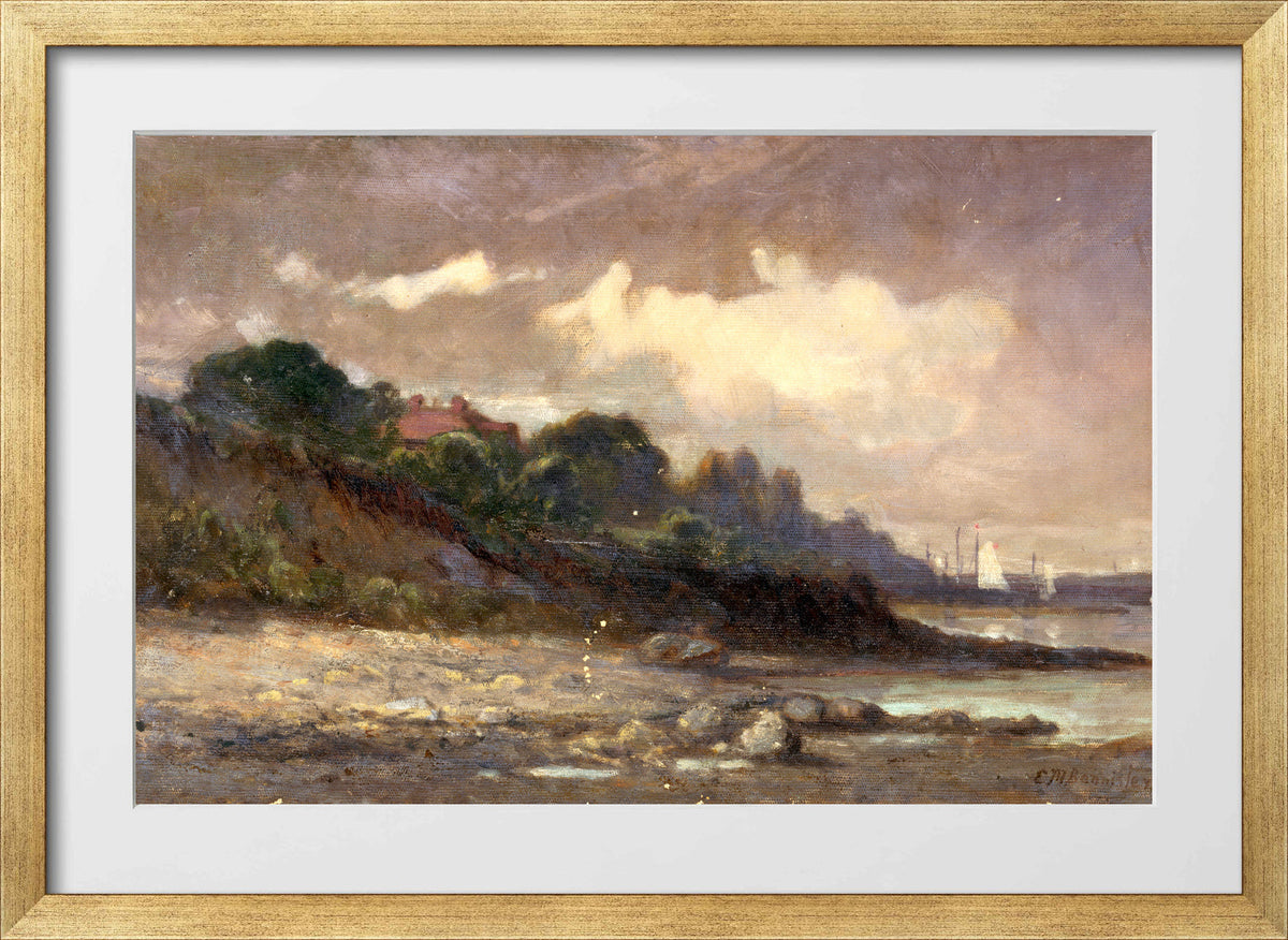 Edward Mitchell Bannister Print, Untitled (Shoreline with Sailboats and Roof) — gold frame