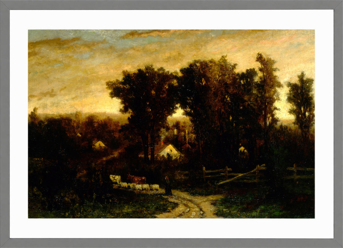 Edward Mitchell Bannister Print, Untitled (Woman with Cattle and Sheep at Dusk) — light grey frame