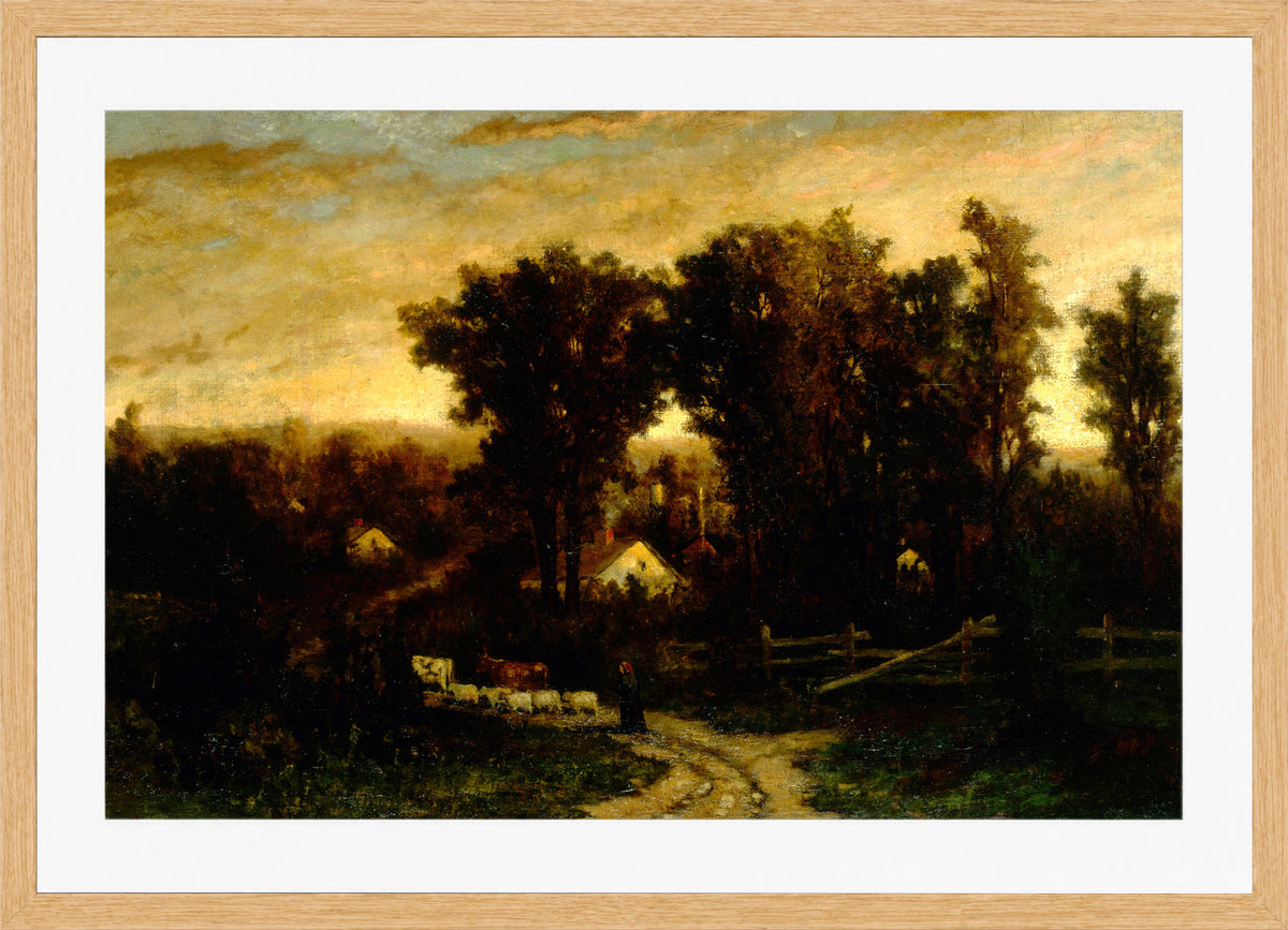 Edward Mitchell Bannister Print, Untitled (Woman with Cattle and Sheep at Dusk) — oak frame