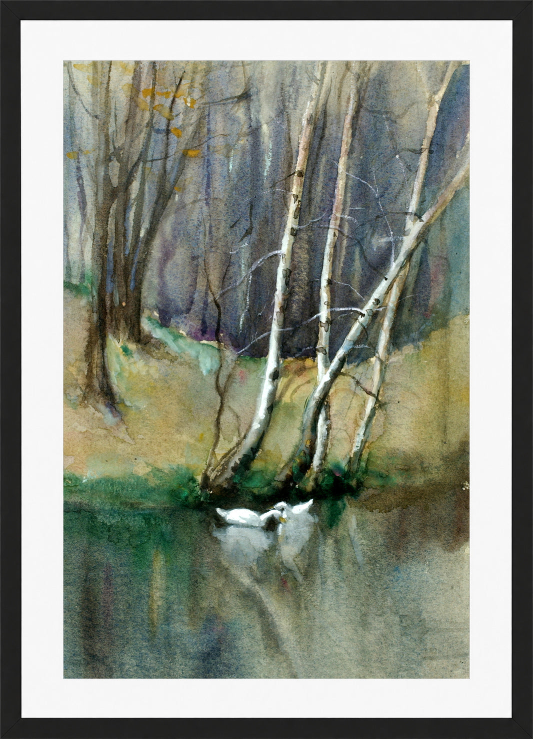 Edward Mitchell Bannister Print, Untitled (Birch Trees and Ducks) — black frame