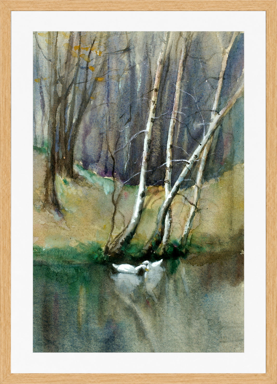 Edward Mitchell Bannister Print, Untitled (Birch Trees and Ducks) — oak frame